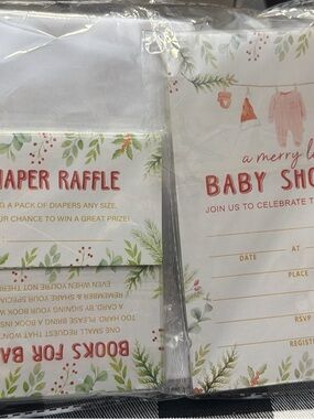 Baby Shower Invitation & Diaper Raffle Cards - Holiday Greenery